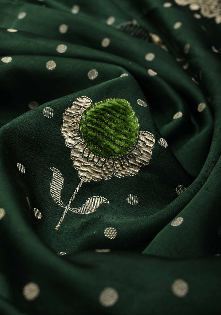 Bottle Green Meenakari Velvet Weaving Pure Banarasi Mashru Silk Saree with Floral Zari buttas and Zari Border |  SILK MARK CERTIFIED