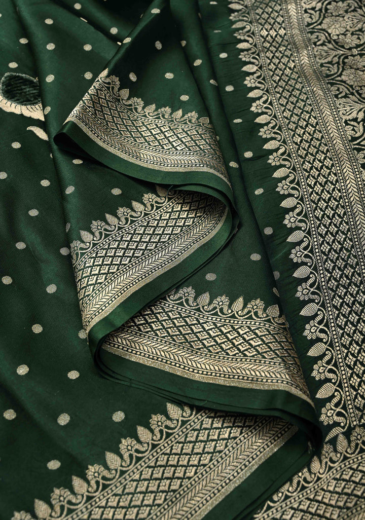 Bottle Green Meenakari Velvet Weaving Pure Banarasi Mashru Silk Saree with Floral Zari buttas and Zari Border |  SILK MARK CERTIFIED