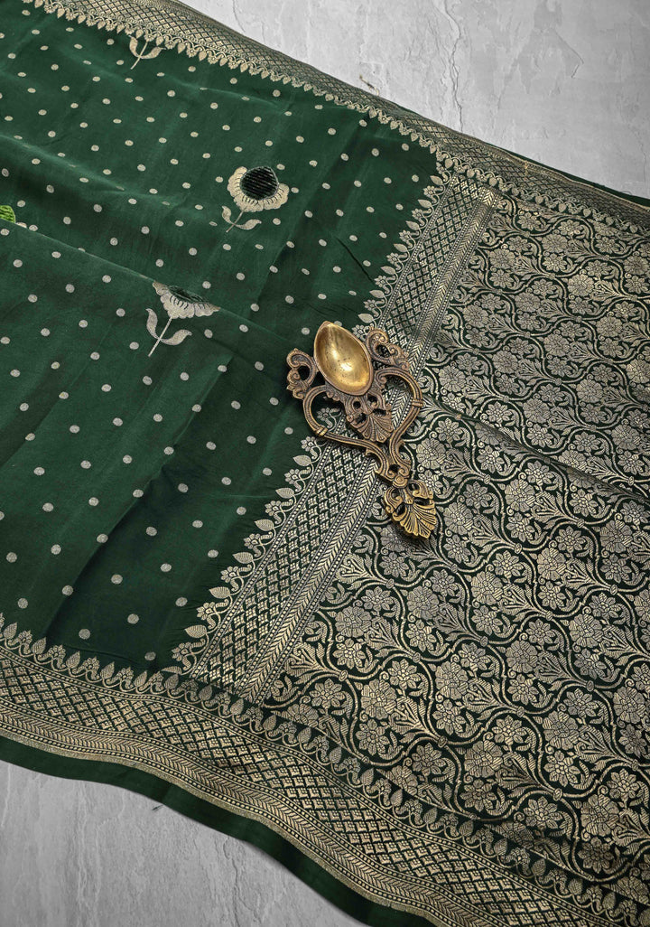 Bottle Green Meenakari Velvet Weaving Pure Banarasi Mashru Silk Saree with Floral Zari buttas and Zari Border |  SILK MARK CERTIFIED