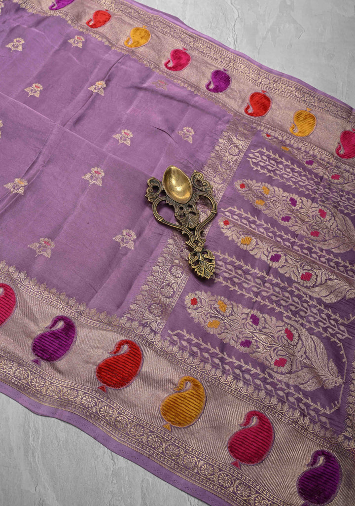 Dusty Amethyst Pure Banarasi Mashru Silk Saree with Meenakari Floral Zari buttas and Velvet embosed weave Paisley motif Border |  SILK MARK CERTIFIED
