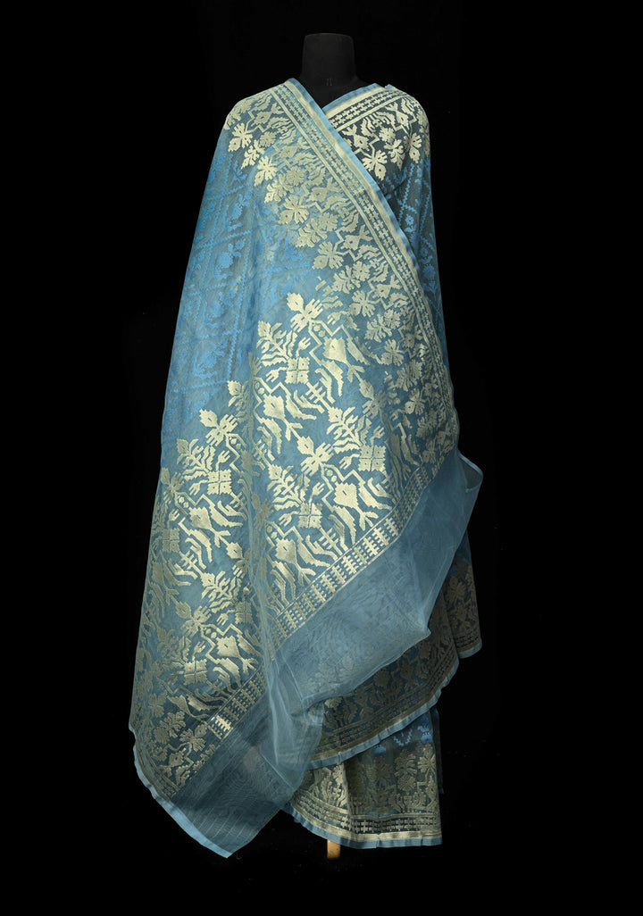 Gray Blue Handloom Banarasi Net Saree Featuring Self Embossed weave | SILK MARK CERTIFIED