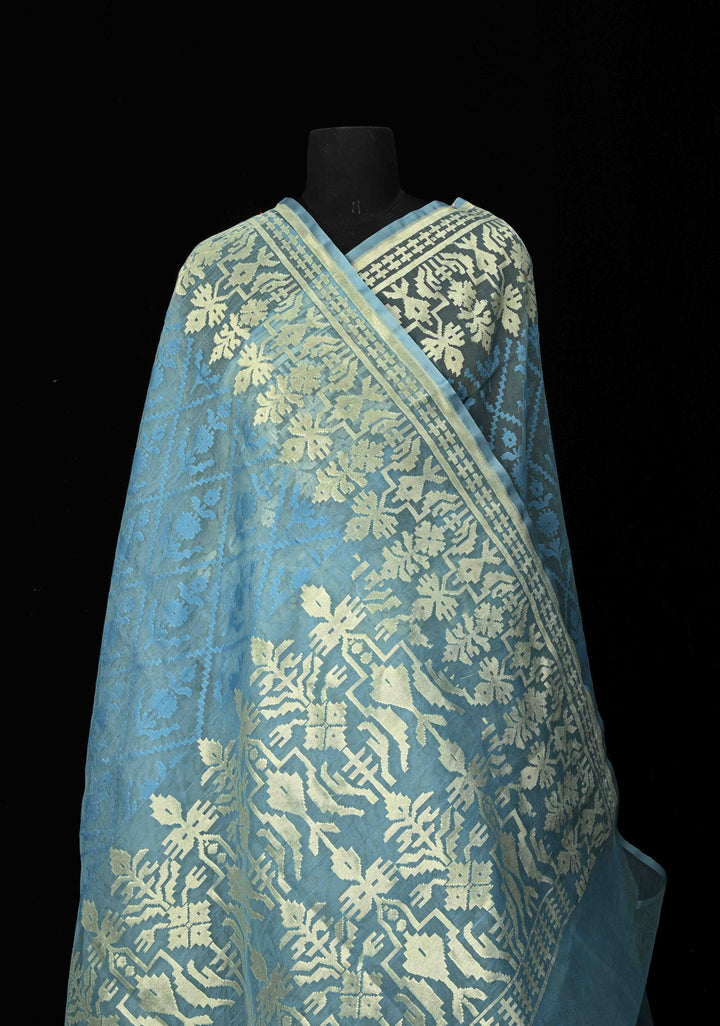 Gray Blue Handloom Banarasi Net Saree Featuring Self Embossed weave | SILK MARK CERTIFIED