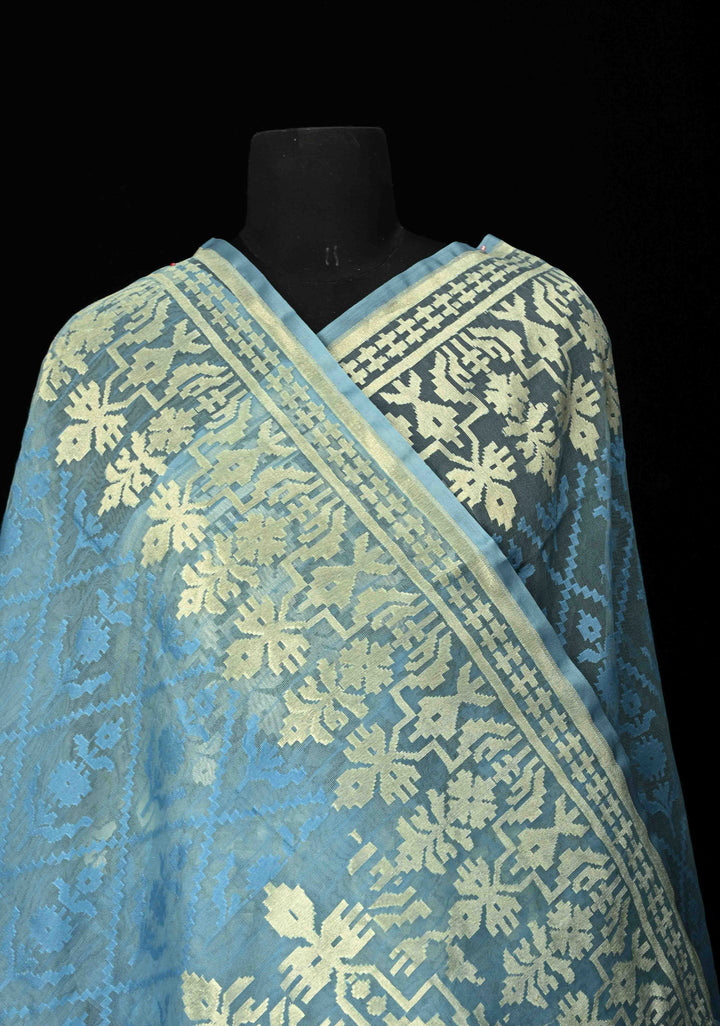 Gray Blue Handloom Banarasi Net Saree Featuring Self Embossed weave | SILK MARK CERTIFIED