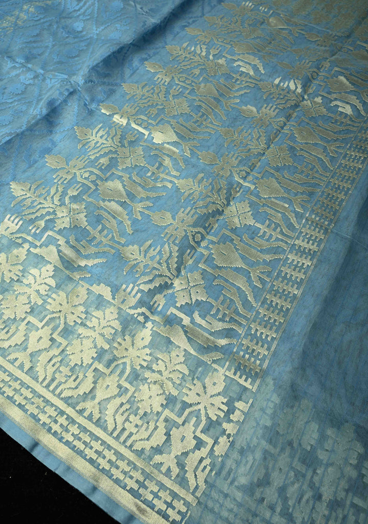 Gray Blue Handloom Banarasi Net Saree Featuring Self Embossed weave | SILK MARK CERTIFIED