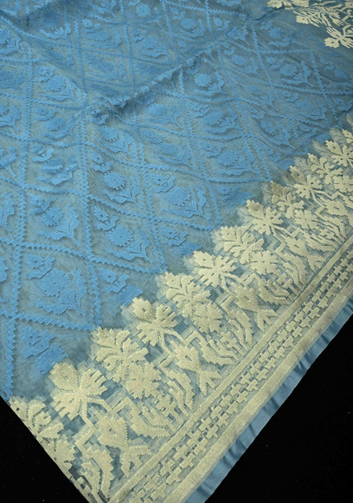 Gray Blue Handloom Banarasi Net Saree Featuring Self Embossed weave | SILK MARK CERTIFIED