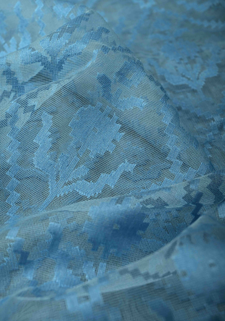 Gray Blue Handloom Banarasi Net Saree Featuring Self Embossed weave | SILK MARK CERTIFIED