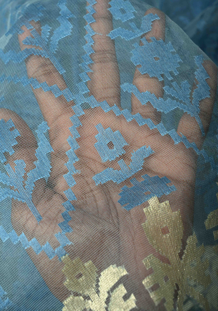 Gray Blue Handloom Banarasi Net Saree Featuring Self Embossed weave | SILK MARK CERTIFIED