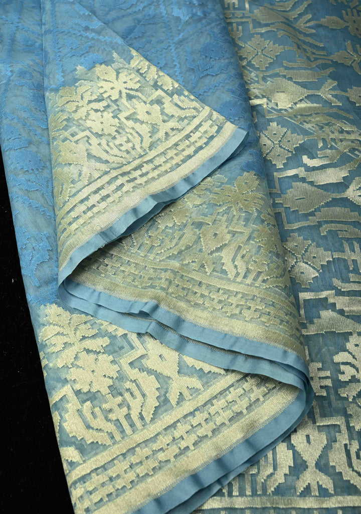 Gray Blue Handloom Banarasi Net Saree Featuring Self Embossed weave | SILK MARK CERTIFIED