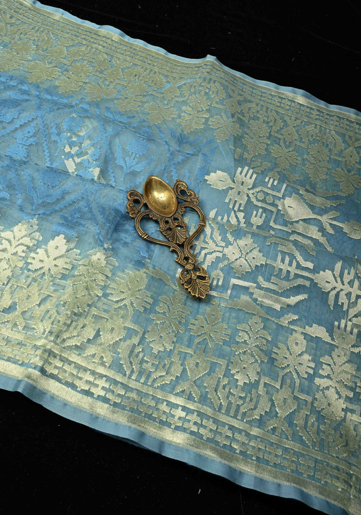 Gray Blue Handloom Banarasi Net Saree Featuring Self Embossed weave | SILK MARK CERTIFIED