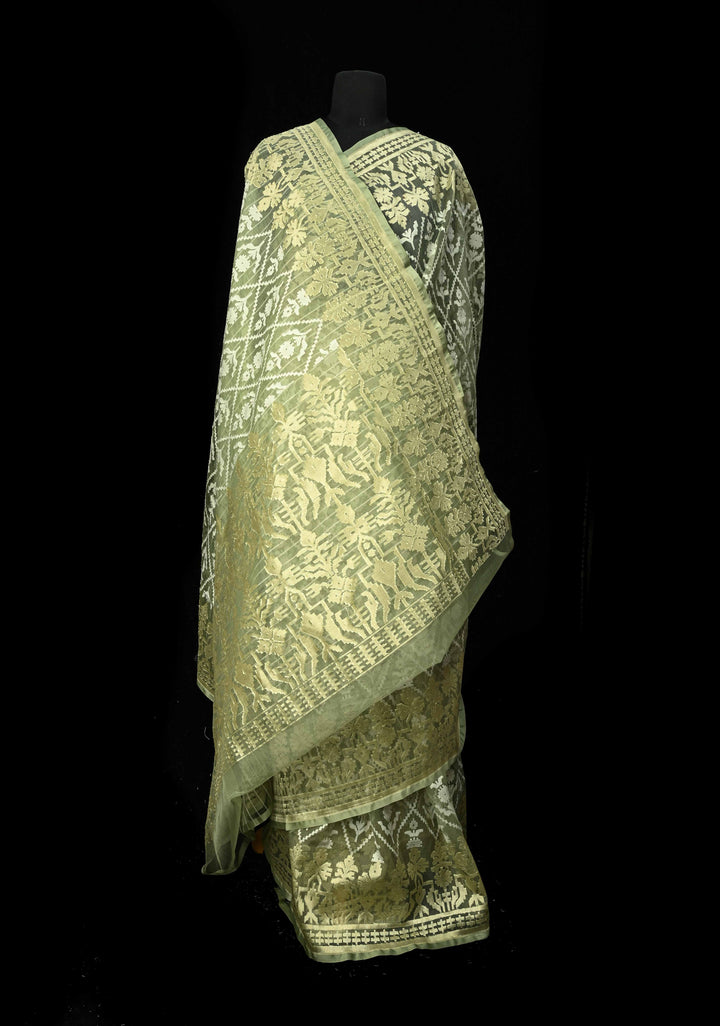 Pastel Green Handloom Banarasi Meenakari  Net Saree with Featuring Jamdani Style Embossed design | SILK MARK CERTIFIED