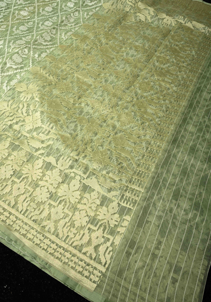Pastel Green Handloom Banarasi Meenakari  Net Saree with Featuring Jamdani Style Embossed design | SILK MARK CERTIFIED
