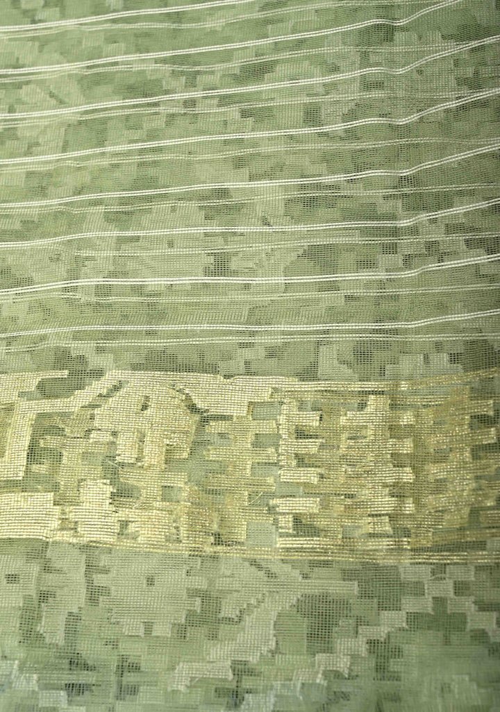 Pastel Green Handloom Banarasi Meenakari  Net Saree with Featuring Jamdani Style Embossed design | SILK MARK CERTIFIED