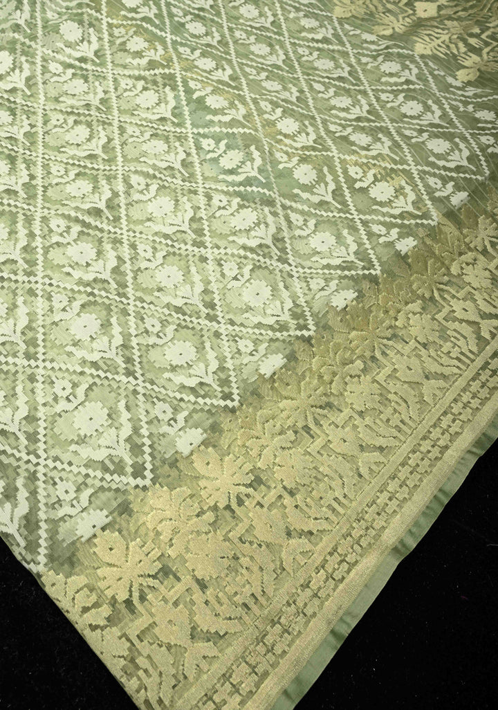 Pastel Green Handloom Banarasi Meenakari  Net Saree with Featuring Jamdani Style Embossed design | SILK MARK CERTIFIED