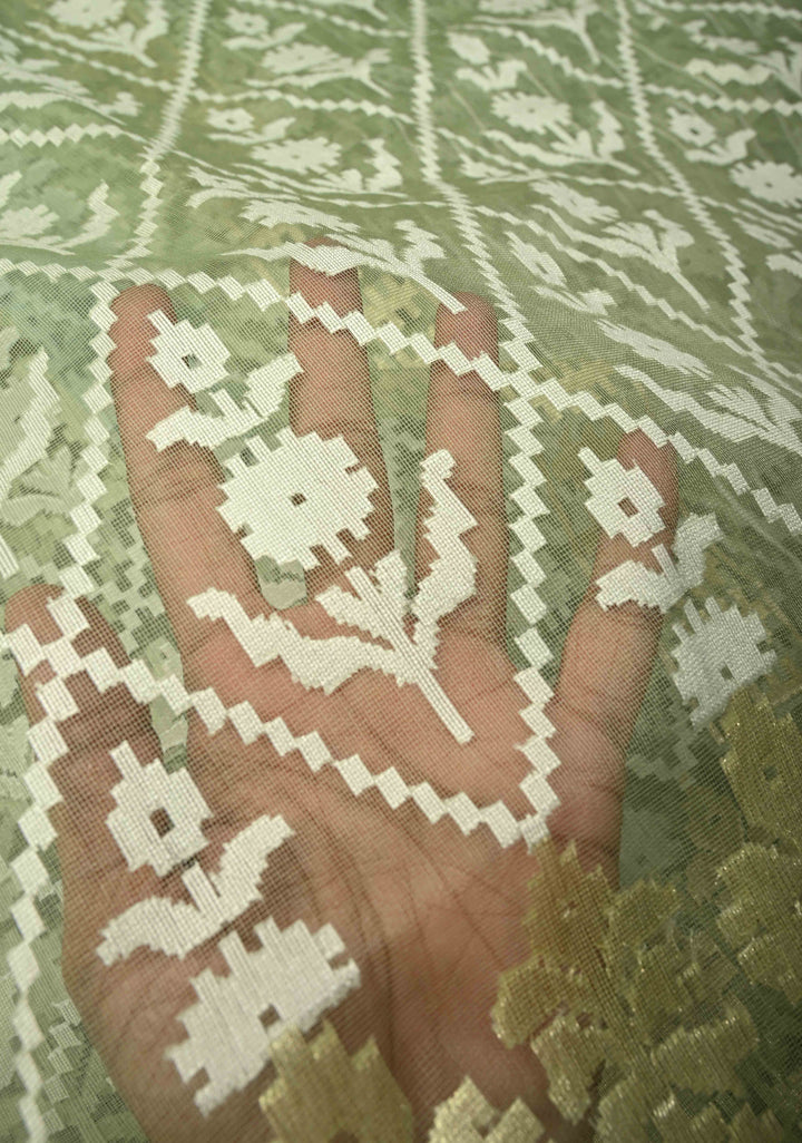 Pastel Green Handloom Banarasi Meenakari  Net Saree with Featuring Jamdani Style Embossed design | SILK MARK CERTIFIED