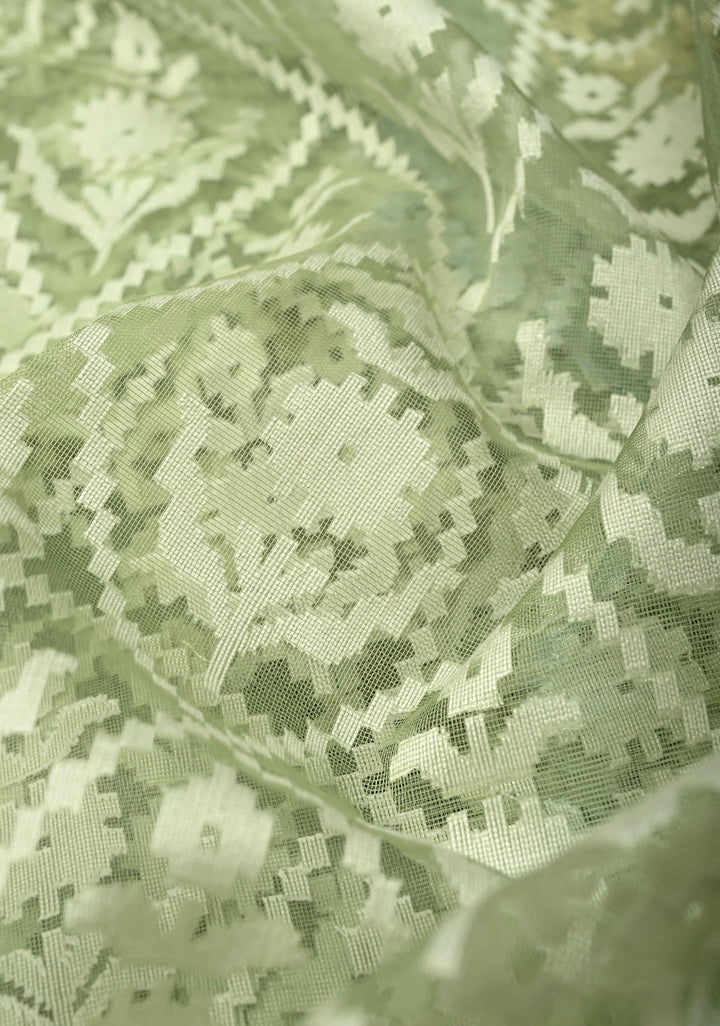 Pastel Green Handloom Banarasi Meenakari  Net Saree with Featuring Jamdani Style Embossed design | SILK MARK CERTIFIED