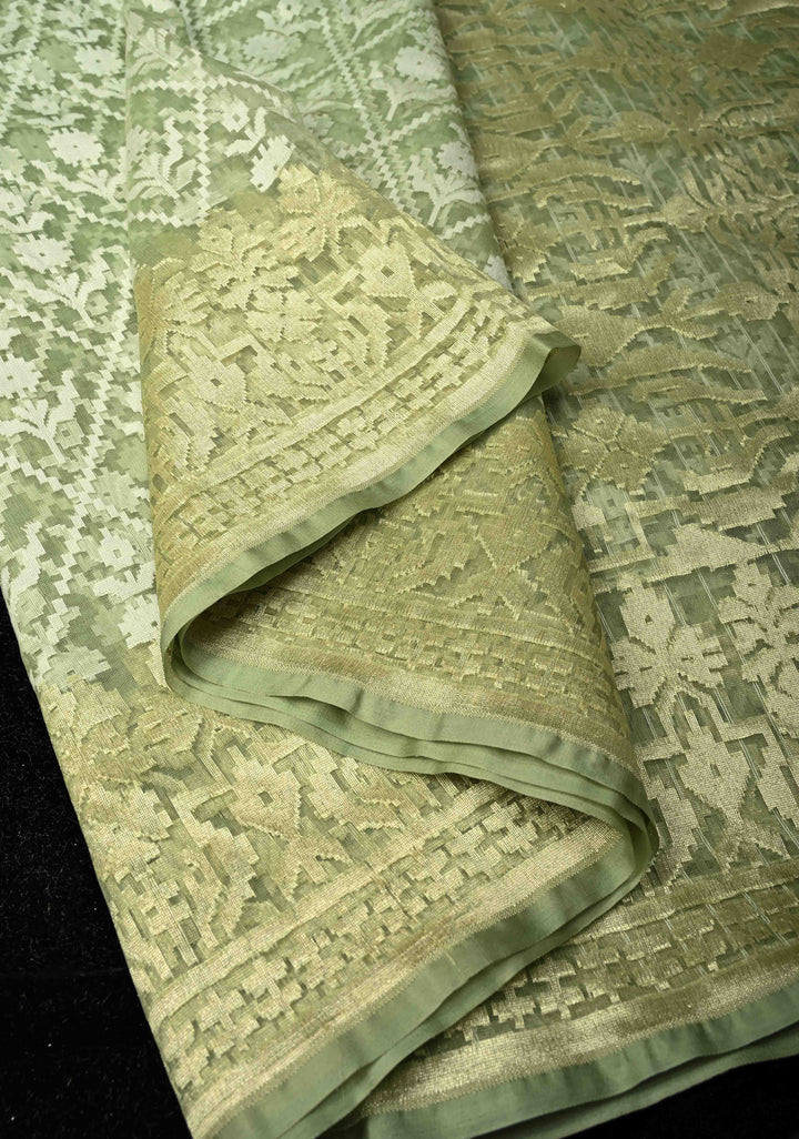 Pastel Green Handloom Banarasi Meenakari  Net Saree with Featuring Jamdani Style Embossed design | SILK MARK CERTIFIED