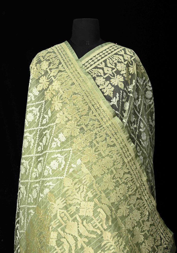 Pastel Green Handloom Banarasi Meenakari  Net Saree with Featuring Jamdani Style Embossed design | SILK MARK CERTIFIED