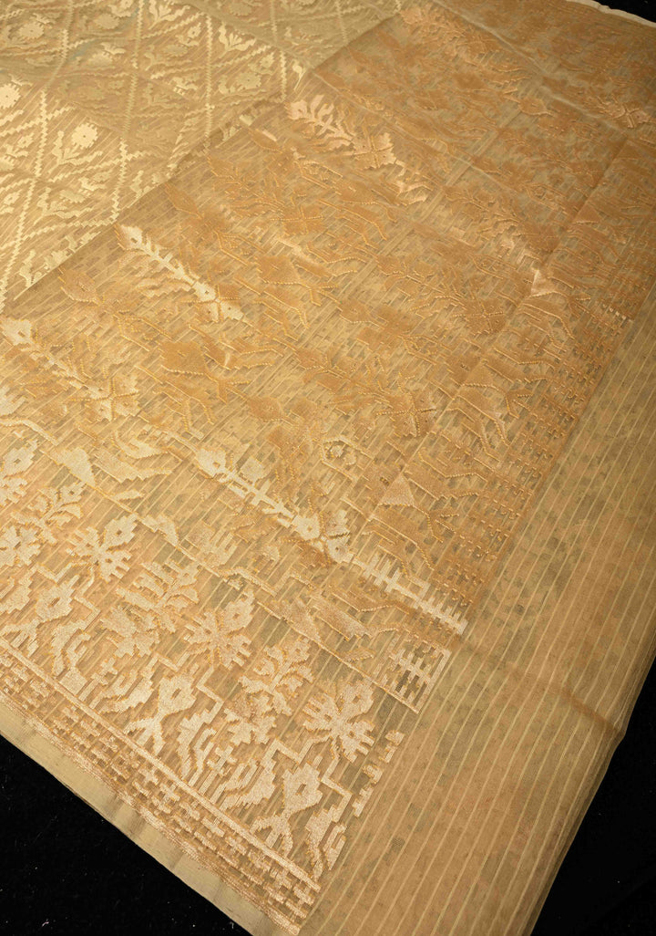Golden hue Banarasi Net Handloom Saree with Zari Borders | SILK MARK CERTIFIED