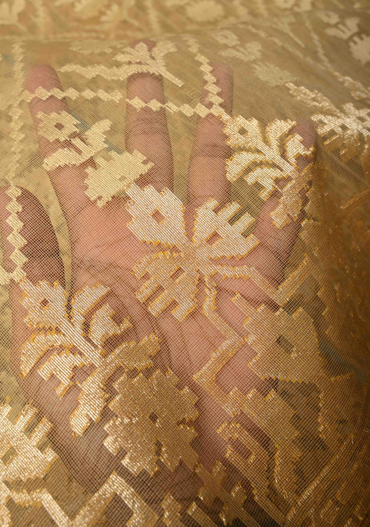 Golden hue Banarasi Net Handloom Saree with Zari Borders | SILK MARK CERTIFIED