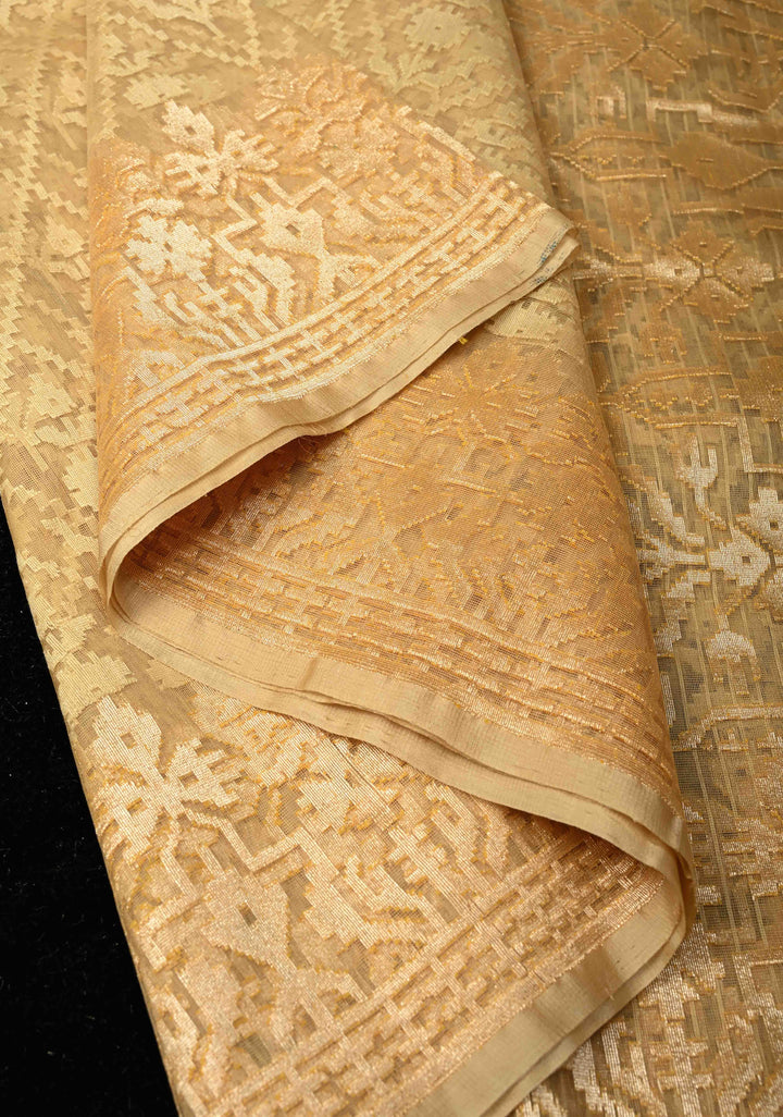 Golden hue Banarasi Net Handloom Saree with Zari Borders | SILK MARK CERTIFIED