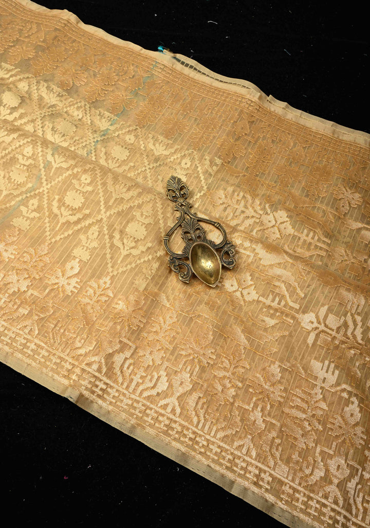 Golden hue Banarasi Net Handloom Saree with Zari Borders | SILK MARK CERTIFIED