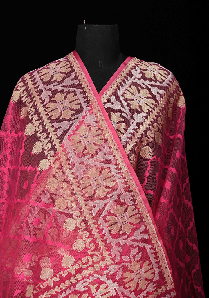 Hot Pink Elegant Banarasi Handloom Net Saree with zari border | SILK MARK CERTIFIED
