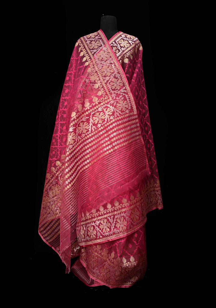 Hot Pink Elegant Banarasi Handloom Net Saree with zari border | SILK MARK CERTIFIED