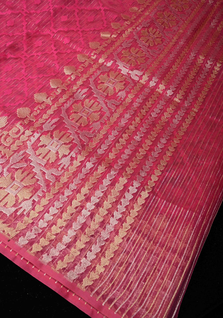 Hot Pink Elegant Banarasi Handloom Net Saree with zari border | SILK MARK CERTIFIED