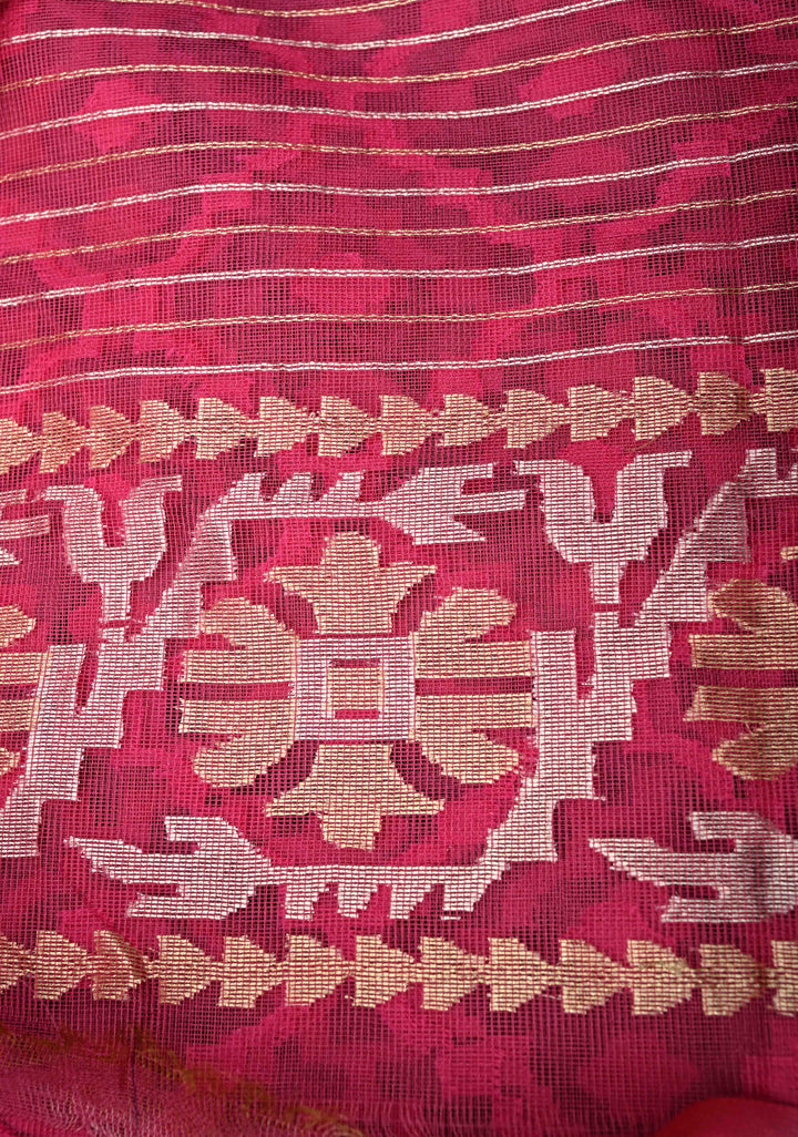 Hot Pink Elegant Banarasi Handloom Net Saree with zari border | SILK MARK CERTIFIED