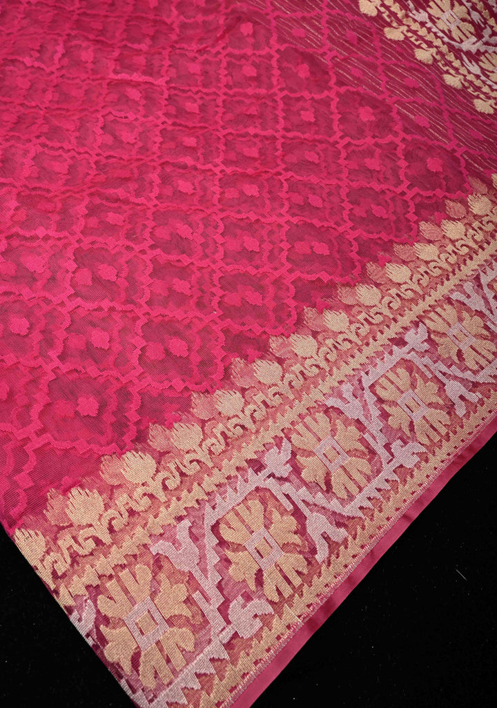 Hot Pink Elegant Banarasi Handloom Net Saree with zari border | SILK MARK CERTIFIED