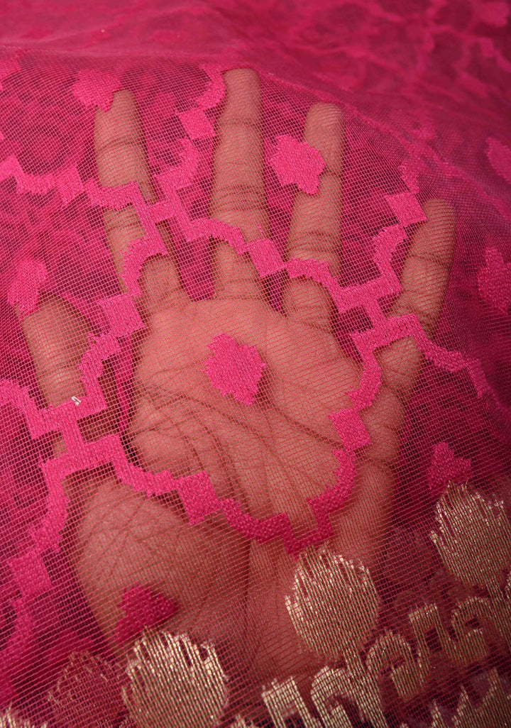 Hot Pink Elegant Banarasi Handloom Net Saree with zari border | SILK MARK CERTIFIED