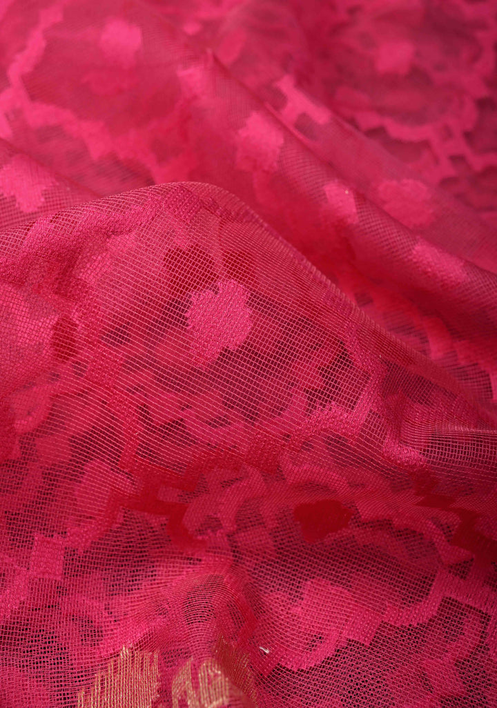 Hot Pink Elegant Banarasi Handloom Net Saree with zari border | SILK MARK CERTIFIED