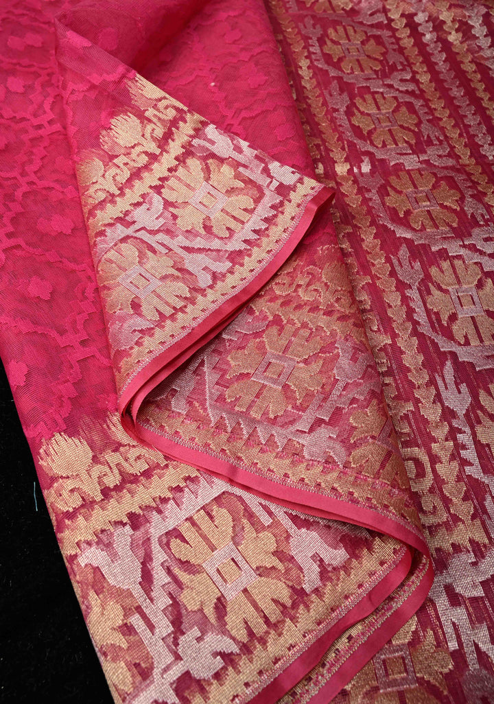 Hot Pink Elegant Banarasi Handloom Net Saree with zari border | SILK MARK CERTIFIED