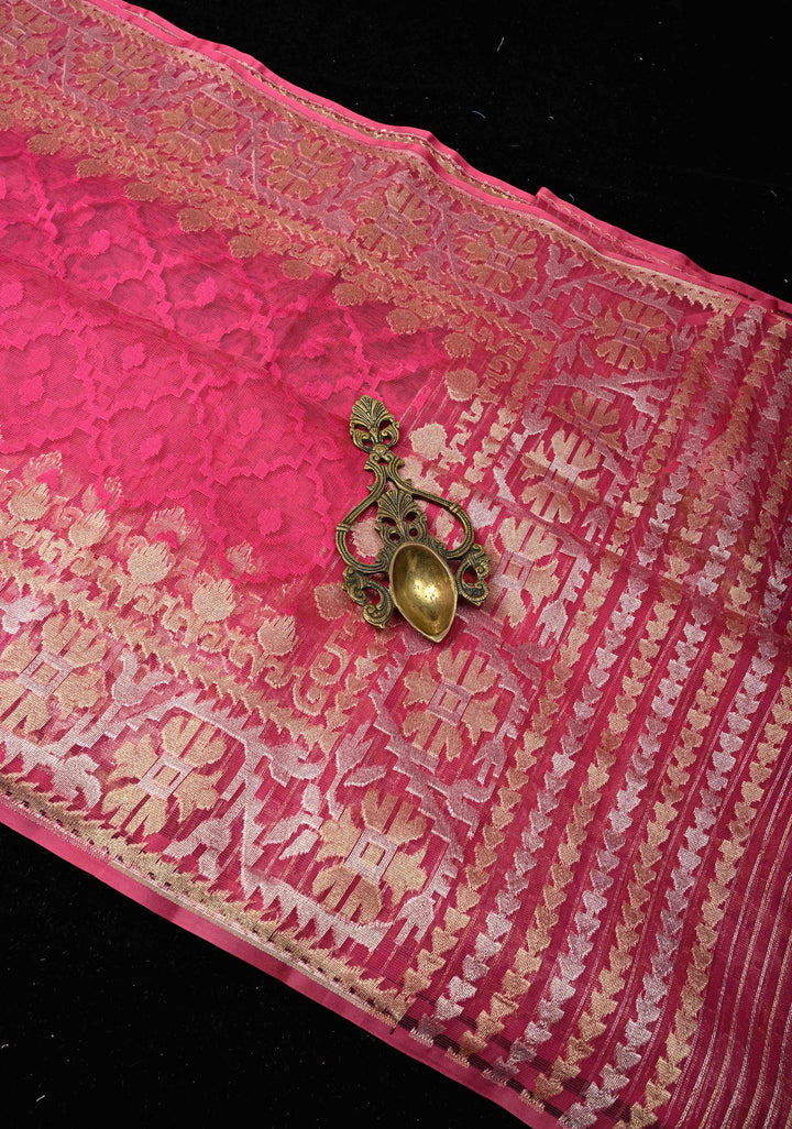 Hot Pink Elegant Banarasi Handloom Net Saree with zari border | SILK MARK CERTIFIED
