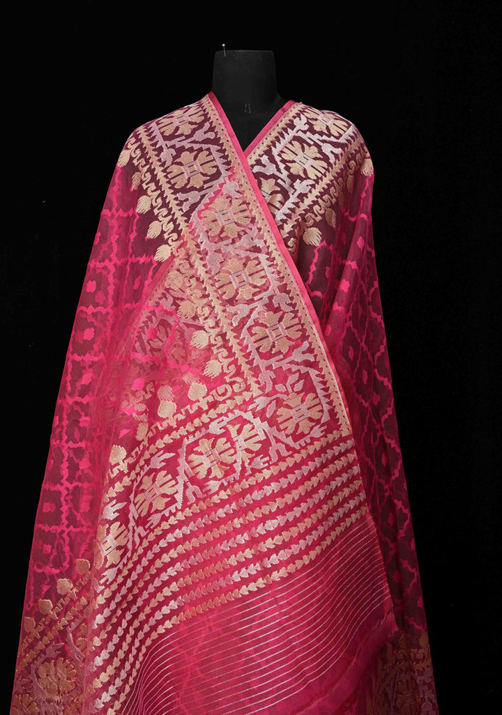Hot Pink Elegant Banarasi Handloom Net Saree with zari border | SILK MARK CERTIFIED
