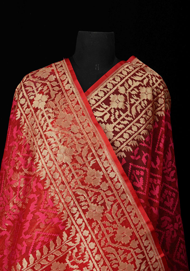 Red Pink Elegant Banarasi Handloom Net Saree in Self Weave | SILK MARK CERTIFIED