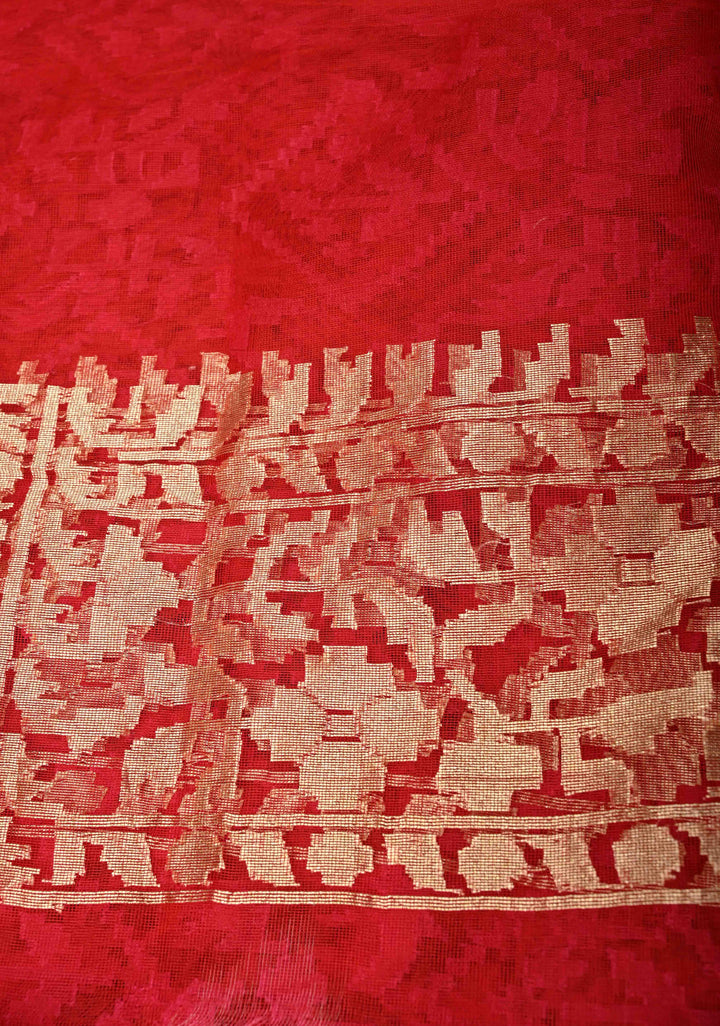 Red Pink Elegant Banarasi Handloom Net Saree in Self Weave | SILK MARK CERTIFIED