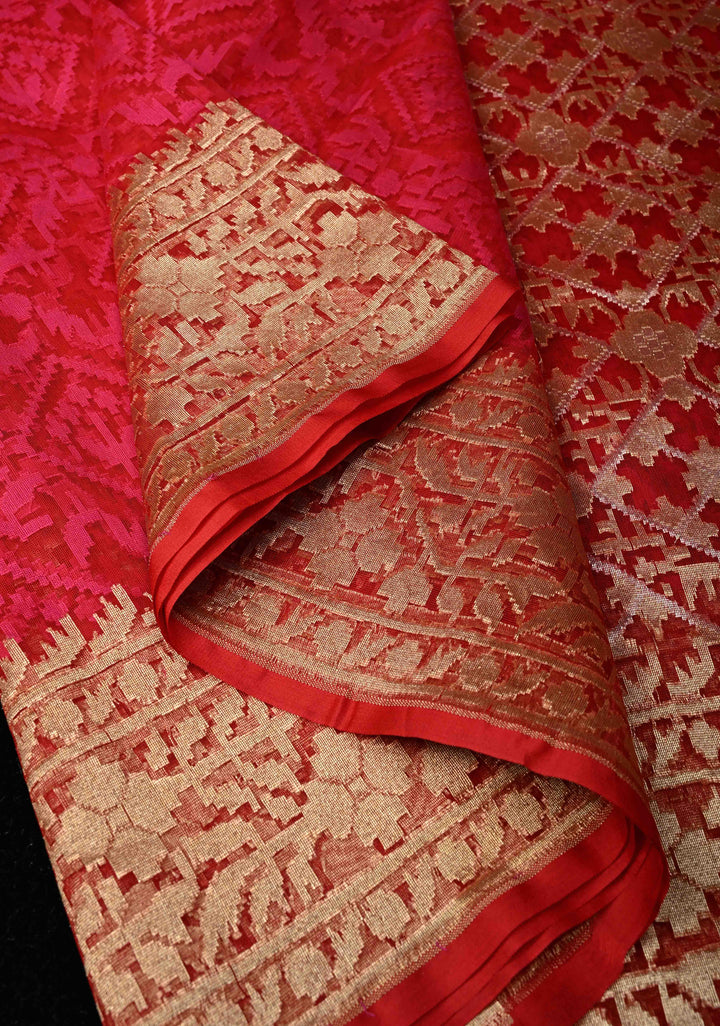 Red Pink Elegant Banarasi Handloom Net Saree in Self Weave | SILK MARK CERTIFIED