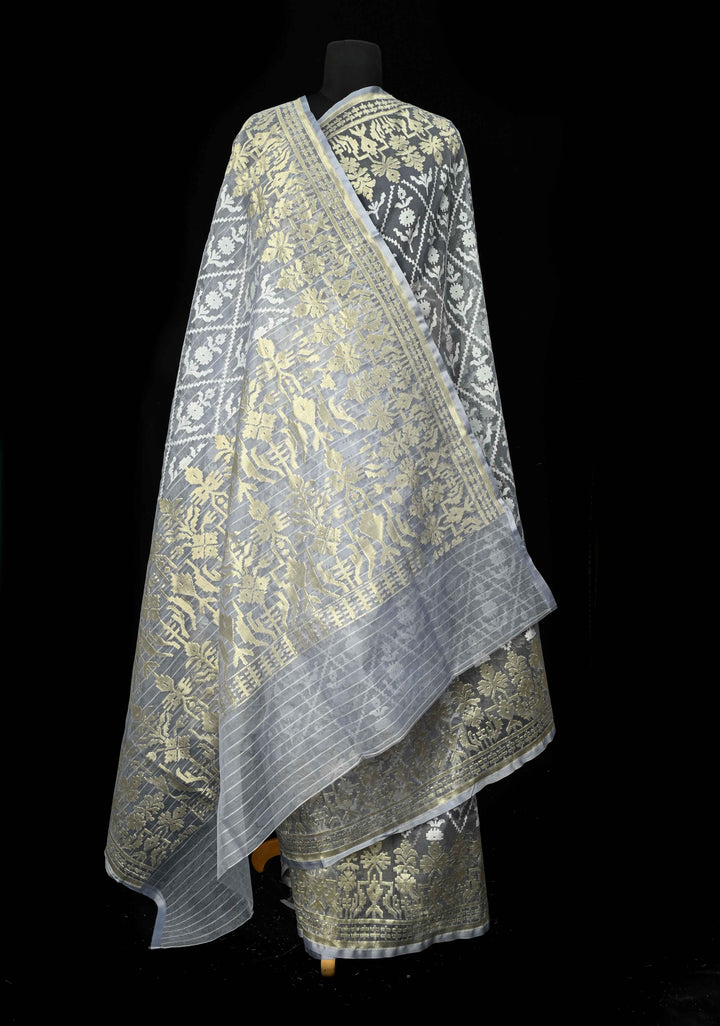 Gray Blue Handloom Banarasi Net Saree with Golden Silver Butta Design | SILK MARK CERTIFIED