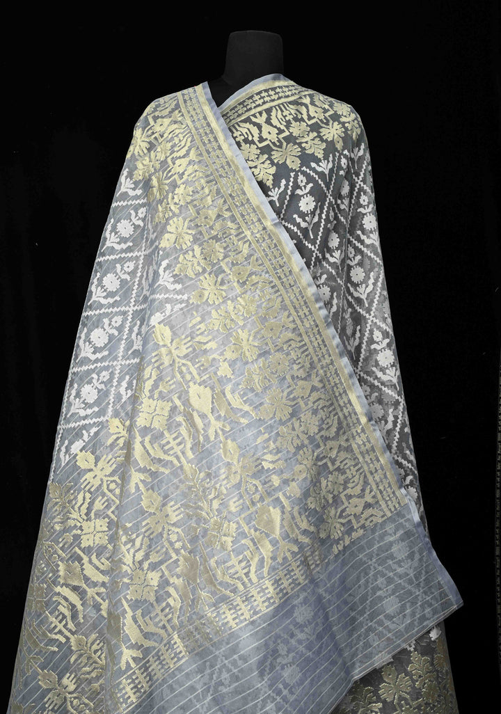 Gray Blue Handloom Banarasi Net Saree with Golden Silver Butta Design | SILK MARK CERTIFIED