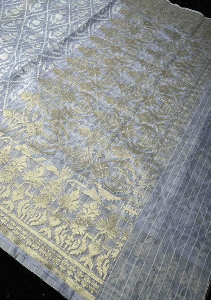 Gray Blue Handloom Banarasi Net Saree with Golden Silver Butta Design | SILK MARK CERTIFIED