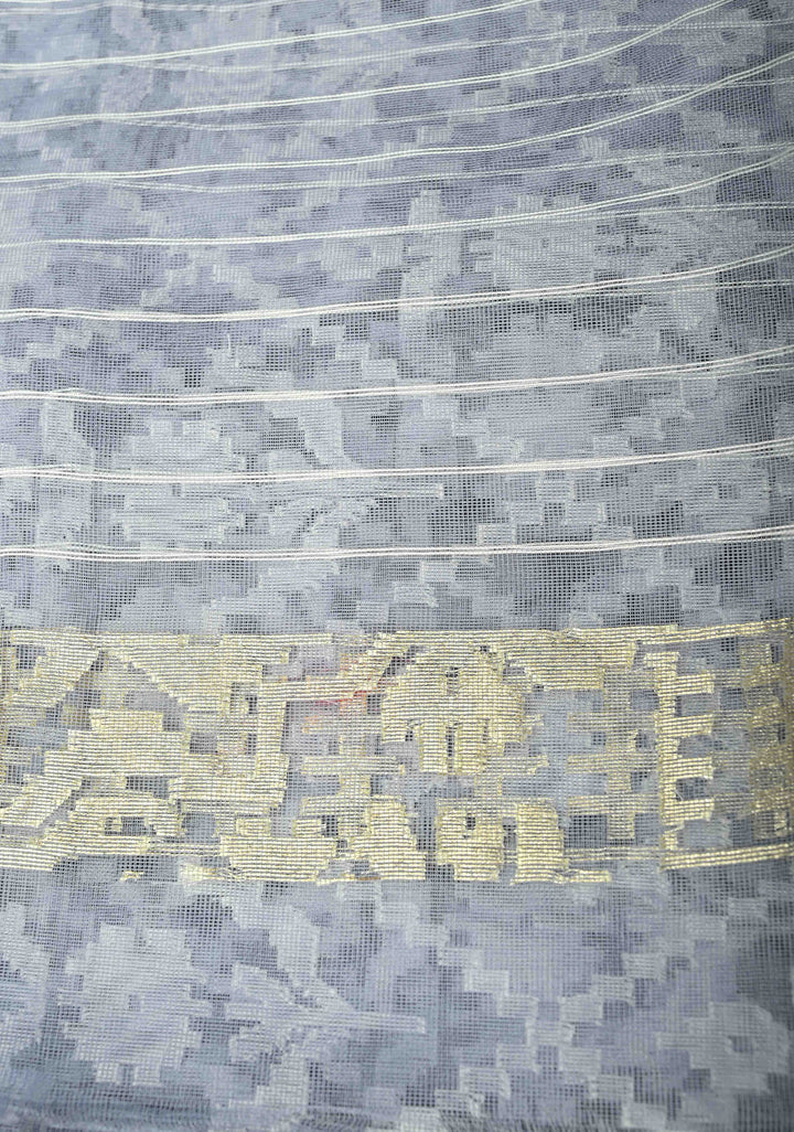 Gray Blue Handloom Banarasi Net Saree with Golden Silver Butta Design | SILK MARK CERTIFIED