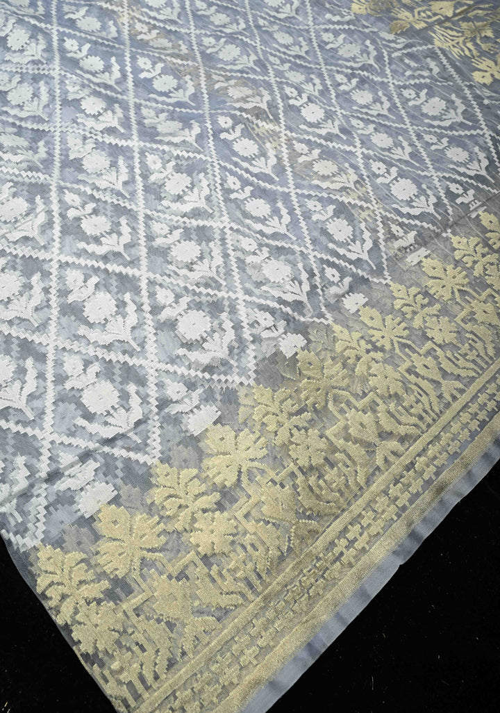 Gray Blue Handloom Banarasi Net Saree with Golden Silver Butta Design | SILK MARK CERTIFIED