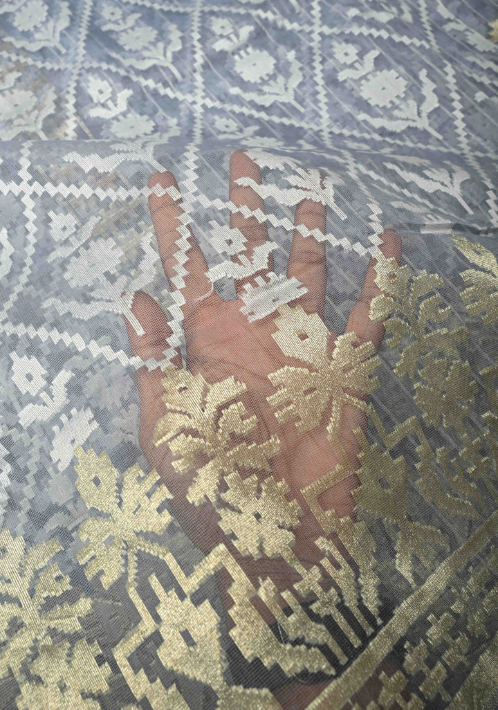 Gray Blue Handloom Banarasi Net Saree with Golden Silver Butta Design | SILK MARK CERTIFIED