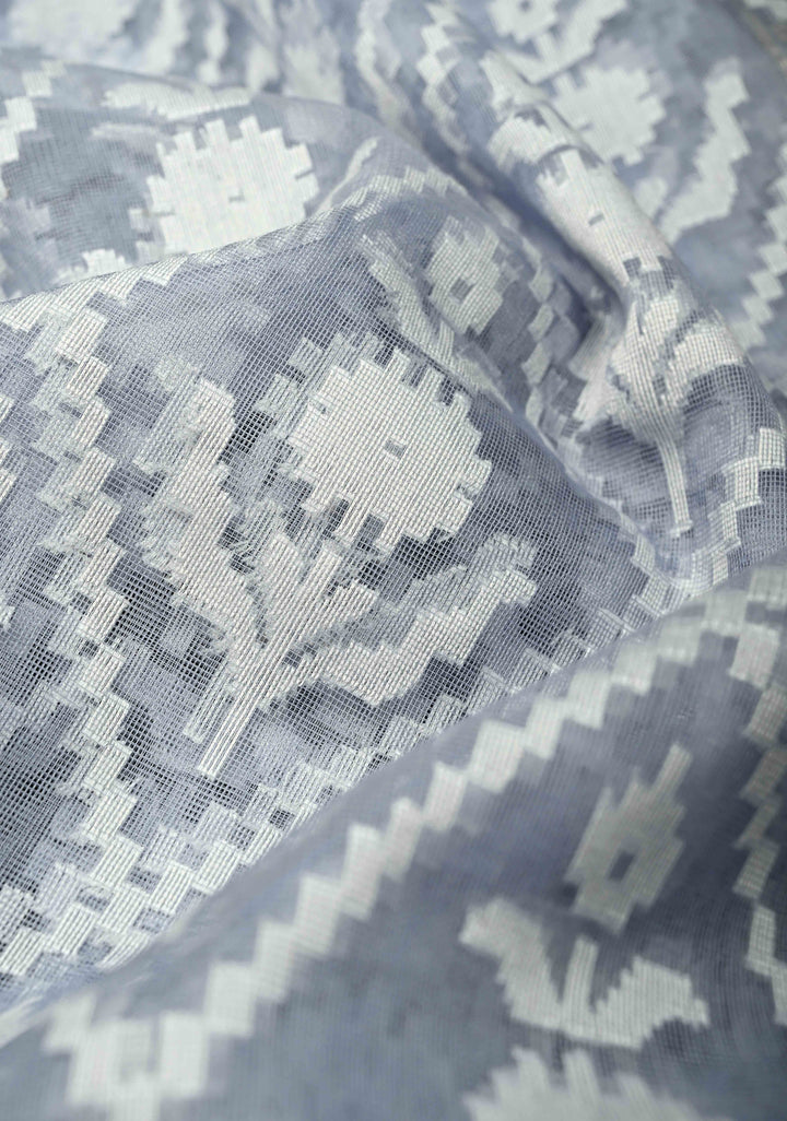 Gray Blue Handloom Banarasi Net Saree with Golden Silver Butta Design | SILK MARK CERTIFIED