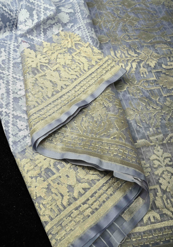 Gray Blue Handloom Banarasi Net Saree with Golden Silver Butta Design | SILK MARK CERTIFIED