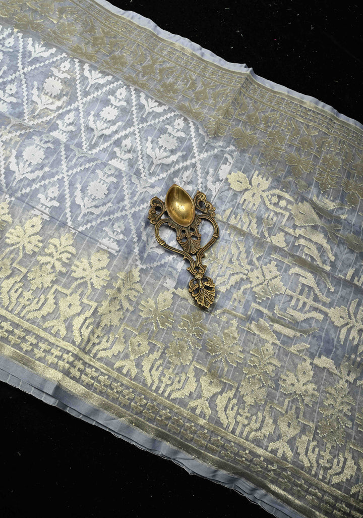 Gray Blue Handloom Banarasi Net Saree with Golden Silver Butta Design | SILK MARK CERTIFIED