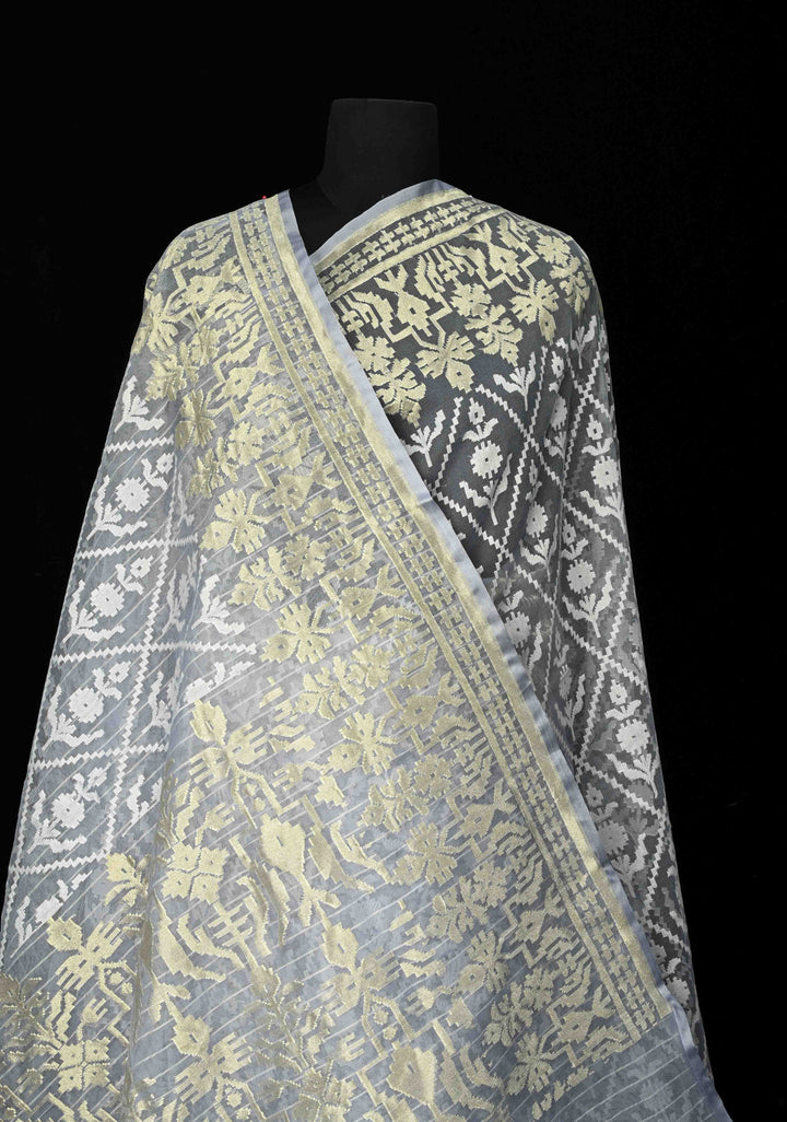 Gray Blue Handloom Banarasi Net Saree with Golden Silver Butta Design | SILK MARK CERTIFIED