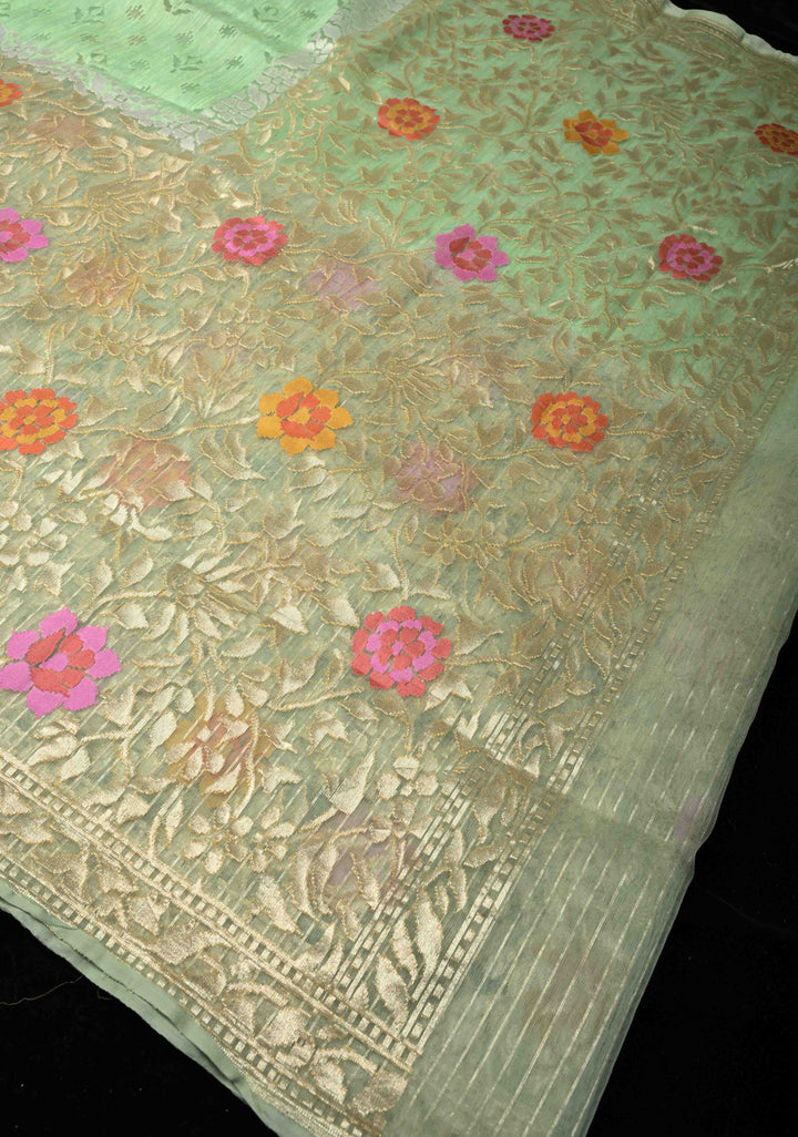 Pista Green Handloom Banarasi Meenakari Raw Silk by  Net Saree Featuring Jamdhani Inspired Design