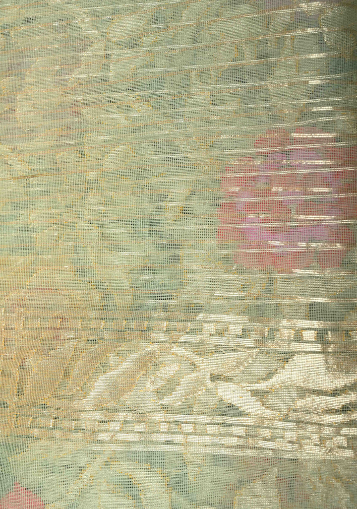 Pista Green Handloom Banarasi Meenakari Raw Silk by  Net Saree Featuring Jamdhani Inspired Design